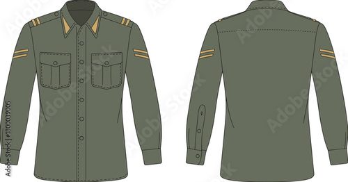 Military uniform shirt front and back view, olive green army dress, vector illustration, rank insignia,