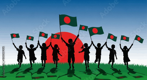 Silhouette of children holding bangladesh flags against a sunset background, celebrating independence and national pride