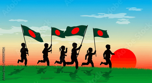 Silhouette of children running with bangladesh flag on independence day with sun rising in the background, a symbol of freedom and patriotism