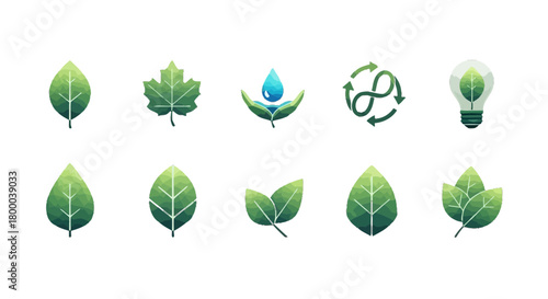 Set of green leaves and eco friendly icons isolated on, representing nature, sustainability, and environmental awareness for a better world
