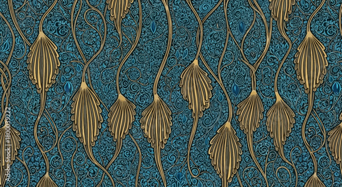 Elegant blue and gold leaf pattern with intricate details, creating a luxurious and sophisticated design for various creative applications
