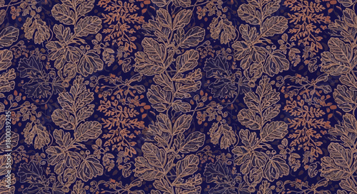Elegant floral pattern with intricate leaf and vine designs, creating a sophisticated and timeless aesthetic for backgrounds and textiles