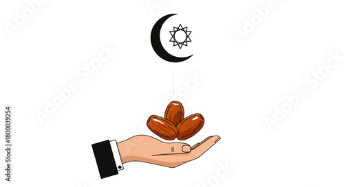 Hand offering dates with crescent moon isolated on, symbolizing ramadan and islamic traditions for festive designs