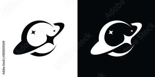 Planet Star Fusion Logo, Dual Meaning Symbol Combining a Planet Orbit Shape with a Star to Represent Cosmic Exploration and Creativity