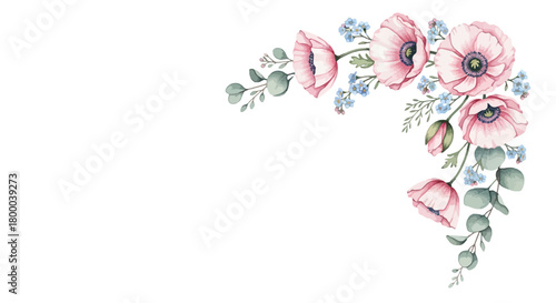 Watercolor floral corner arrangement with pink anemones, eucalyptus, and forgetmenots isolated on for wedding design