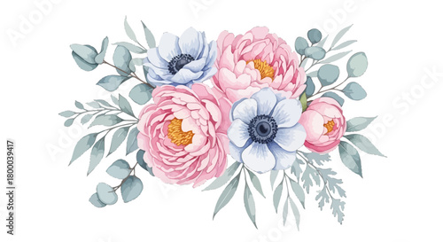 Watercolor floral bouquet with pink peonies and blue anemones isolated on, perfect for wedding invitations and greeting cards design