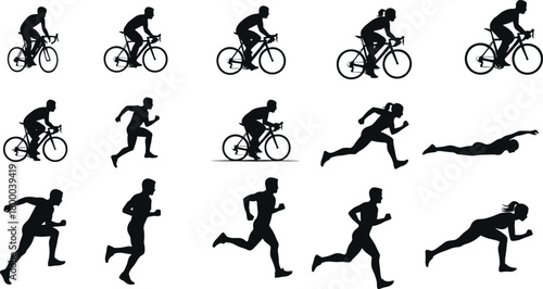 triathlon, silhouette, cycling, running, swimming, athlete, sport, motion, endurance, fitness, race, training, dynamic, posture, activity