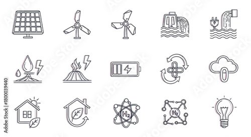 Collection of handdrawn renewable energy sources isolated on, showcasing sustainable power solutions for a greener future