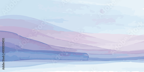 Abstract watercolor mountain landscape with serene blue and purple hues background