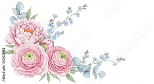 Watercolor floral corner with pink ranunculus and blue wildflowers isolated on, perfect for wedding invitations and greeting cards design