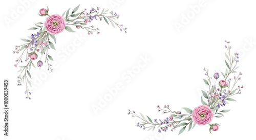 Watercolor floral frame with pink ranunculus and delicate wildflowers isolated on, perfect for wedding invitations and greeting cards design