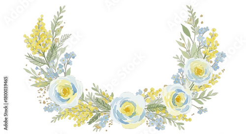 Watercolor floral wreath with white roses, yellow mimosa and blue forgetmenots isolated on perfect for wedding invitations and cards