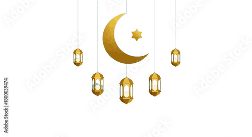 Golden crescent moon and lanterns isolated on, creating a festive and elegant decoration for ramadan and other islamic celebrations