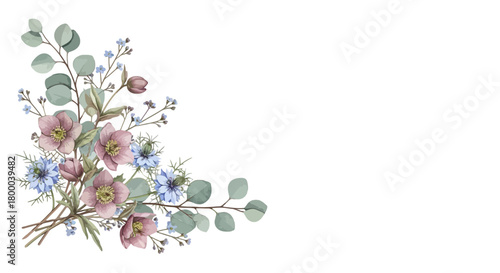 Watercolor floral corner arrangement with pink hellebore, blue nigella and eucalyptus isolated on perfect for wedding invitations