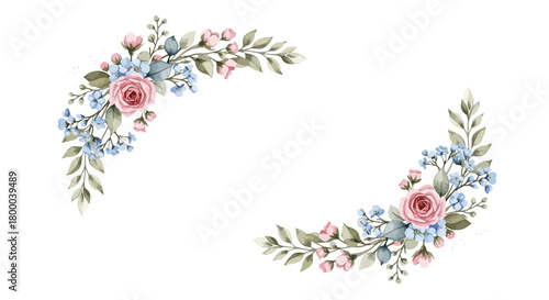Watercolor floral corner arrangements with pink roses and blue forgetmenots isolated on perfect for wedding invitations