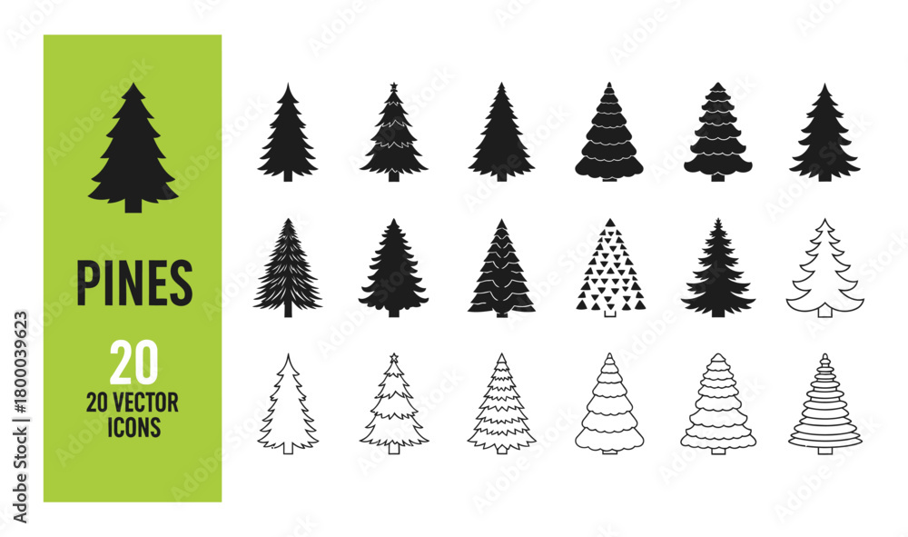 Obraz premium Set of 20 pine tree icons in various styles, including silhouette and outline, on a green background with text pines 20 vector icons