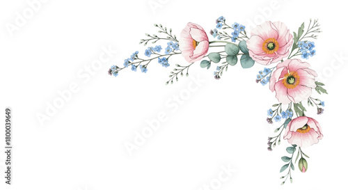 Watercolor poppy and forgetmenot corner arrangement isolated on, perfect for wedding invitations, cards, or any design project