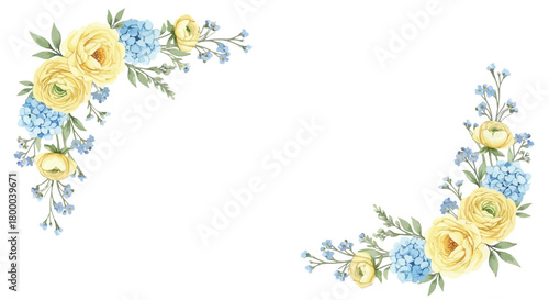 Watercolor floral corner frame with yellow ranunculus and blue hydrangea isolated on, ideal for wedding invitations and cards