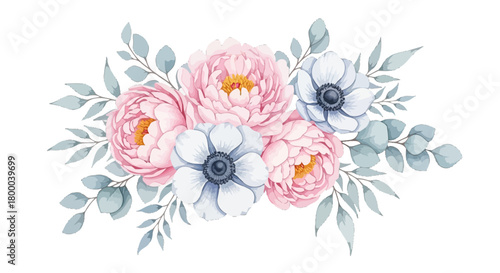 Watercolor floral bouquet with pink peony and white anemone isolated on, perfect for wedding invitations and greeting cards