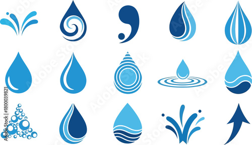 Collection of stylized blue water droplet icons and splashes representing purity and fluidity