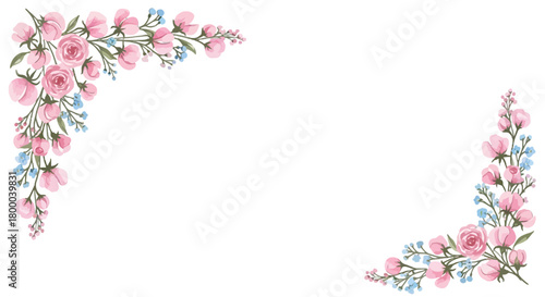 Watercolor floral corner frame with pink roses and blue forgetmenots isolated on for wedding invitations and greeting cards