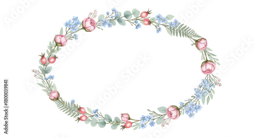 Watercolor floral oval frame with pink peonies, eucalyptus, rose hips and fern isolated on for wedding invitation card
