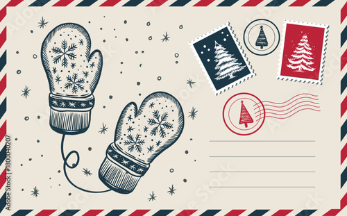 Christmas postcard with mittens
