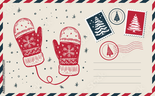 Christmas postcard with mittens

