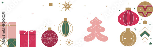 Modern festive Christmas greeting card set with decorative ornaments, gift boxes, holiday tree illustrations, winter celebration design, elegant seasonal artwork