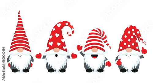 Four cute Christmas gnomes with red and white striped hat isolated on white background