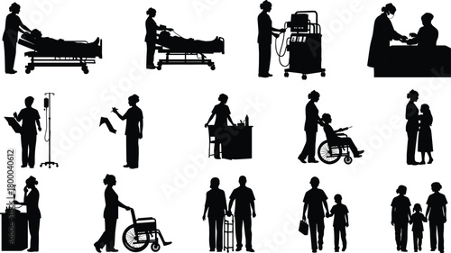 healthcare, medical, silhouette, hospital, patient, doctor, nurse, care, injection, wheelchair, walker, consultation, support, equipment, interaction