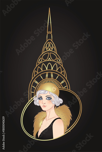 Art Deco vintage invitation template design with illustration of flapper girl...