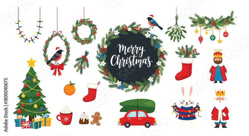 Collection of christmas elements including a decorated tree, santa, reindeer, gifts, ornaments, wreaths, and a car with a christmas tree on top, isolated on white background