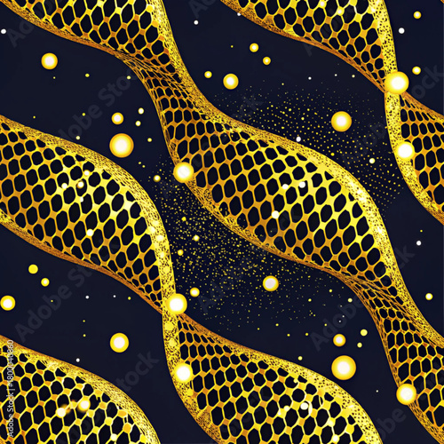 Golden honeycomb structures with luminous spheres on a dark blue background create a rich pattern