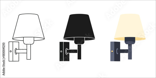 Elegant Wall Lamp Vector Set in Three Styles — Line Art, Silhouette and Color Version with Classic Shade Design for Interior Decor and Lighting Solutions