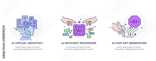 Set of illustrations concept with businessmen. technology, partnership, artificial intelligence business robot, cybes. linear illustration Icons infographics. Landing page site print poster. Line