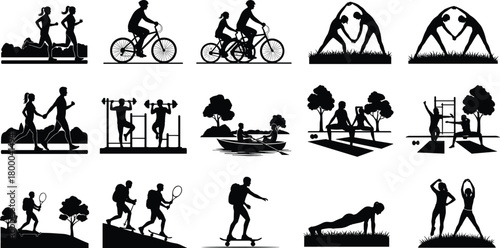 fitness, outdoor, silhouette, exercise, activity, wellness, stretching, walking, biking, rowing, yoga, plank, hiking, skateboarding, tandem