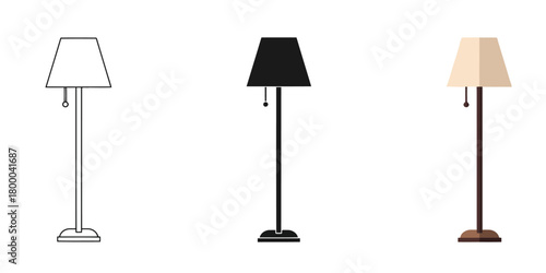 Elegant Floor Lamp Vector Set in Three Styles — Line Art, Silhouette and Color Version for Interior Design Projects and Creative Lighting Concepts with Detailed Line Art