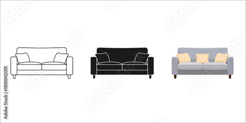 Comfortable couch Vector Set in Three Styles — Line Art, Silhouette and Color Version with pillows perfect for interior design projects and home decoration visuals