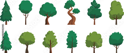 Set of cartoon green trees and bushes, flat nature forest collection, landscape element illustration, eco foliage and park vegetation vector