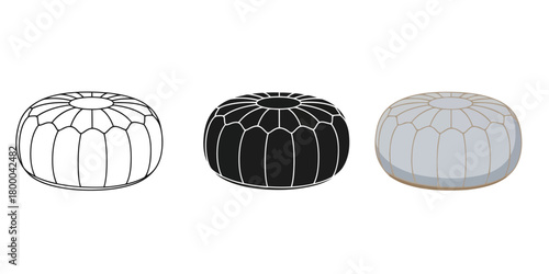 Black and White Pouf Ottoman Vector Set in Three Styles — Line Art, Silhouette and Color Version in Line Art Style Perfect for Interior Design Visualization and Decorative Projects