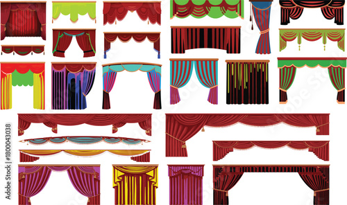 Set of luxurious red theater stage curtains with golden tassels, classic velvet drapery designs, opera performance backdrop
