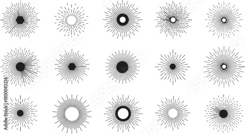 Assortment of black and white sunburst and starburst graphic elements radial lines