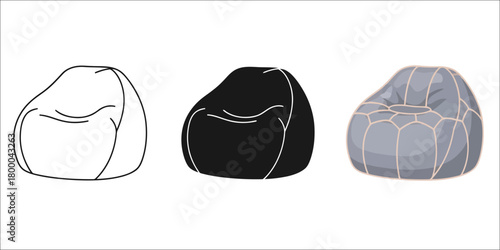 Beanbag Chair Vector Set in Three Styles — Line Art, Silhouette and Color Version for Relaxing and Comfortable Seating in Modern Interior Design