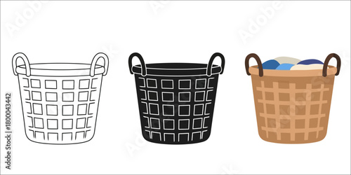 Basket Line Art Vector Set in Three Styles — Line Art, Silhouette and Color Version for Coloring Books and Creative Projects a Simple Design