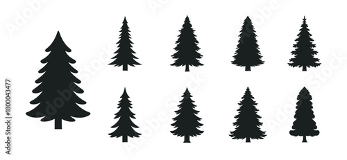 Collection of silhouette pine trees in various sizes and shapes