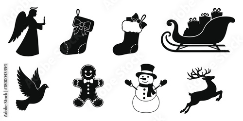 Christmas silhouette icons featuring angel snowman reindeer sleigh and stockings