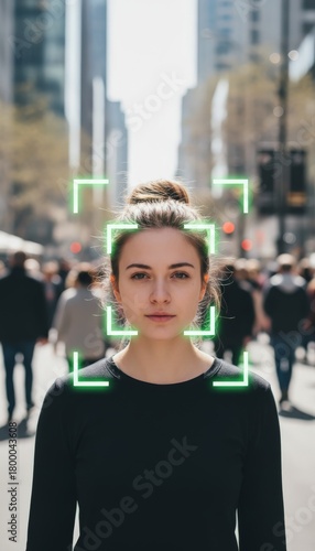 Young woman's face being scanned by a facial recognition system with a glowing green overlay, symbolizing security, identification, and surveillance technology in a bustling urban environment