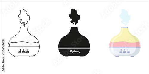 Aromatherapy Diffuser Spreading Relaxation and Wellness Vector Set in Three Styles — Line Art, Silhouette and Color Version for a Calm and Peaceful Home Environment