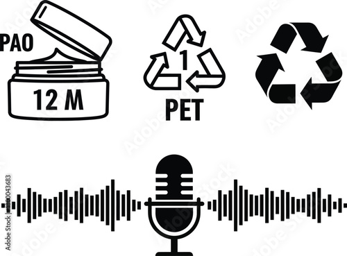 Skincare PAO Symbol, PET Recycling Symbol, and Microphone with Sound Waves period after opening